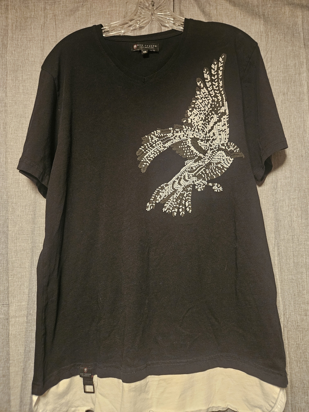 Ron Tomson Black V-Neck Tee with Silver Bird Graphic